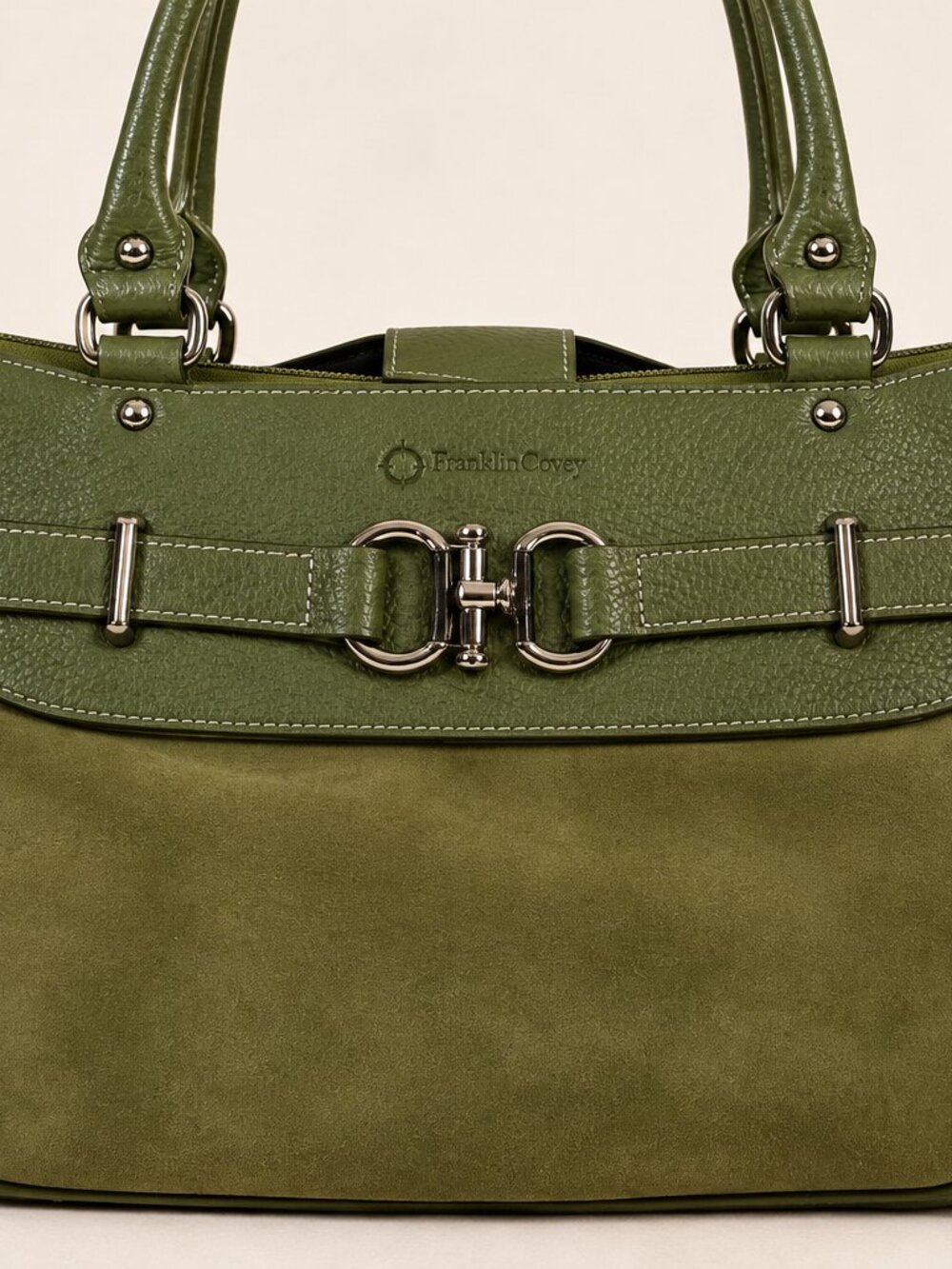 Franklin Covey Olive Green Leather Suede Satchel Bag Silver Horsebit Y2K